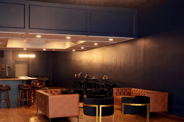 event space with chandelier